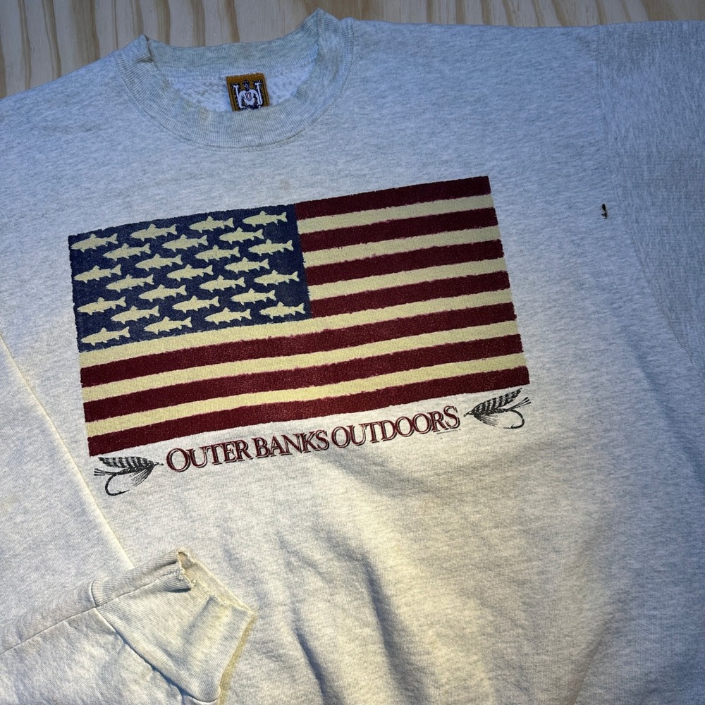 Vintage UAS Outer Banks Outdoors Fish Flag Sweatshirt Gray Mens XL Kitty Hawk